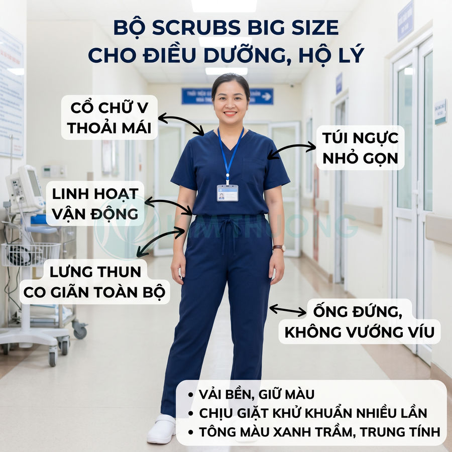 Bộ scrubs y tá big size màu xanh đậm cổ chữ V, lưng thun co giãn, túi ngực nhỏ gọn, ống quần đứng gọn gàng