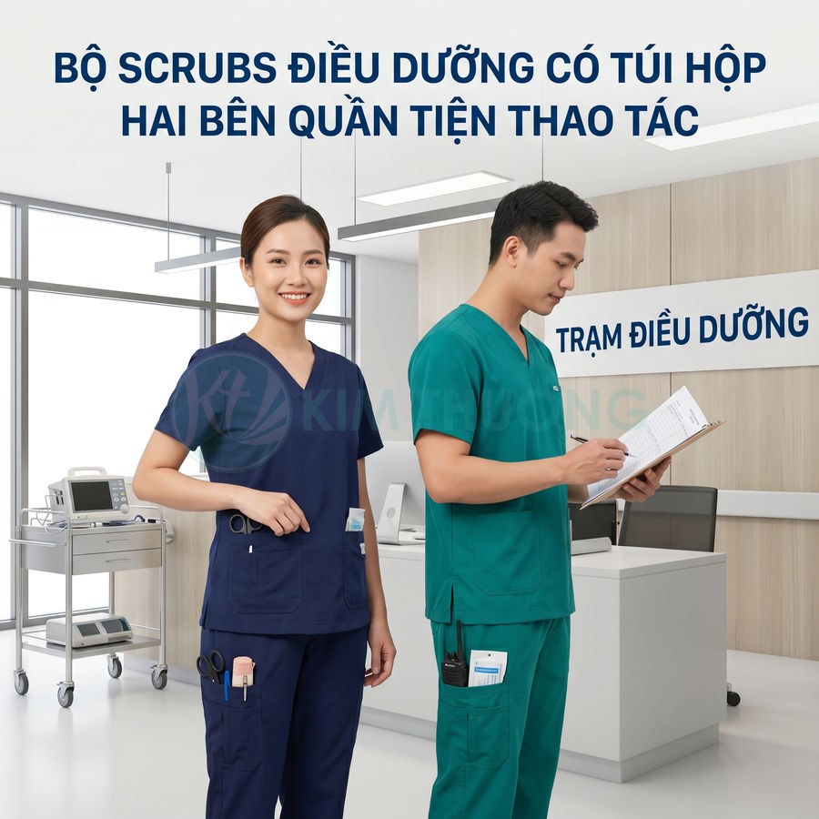Bộ đồ scrubs điều dưỡng nam nữ có nhiều túi hộp hai bên quần tại trạm điều dưỡng bệnh viện