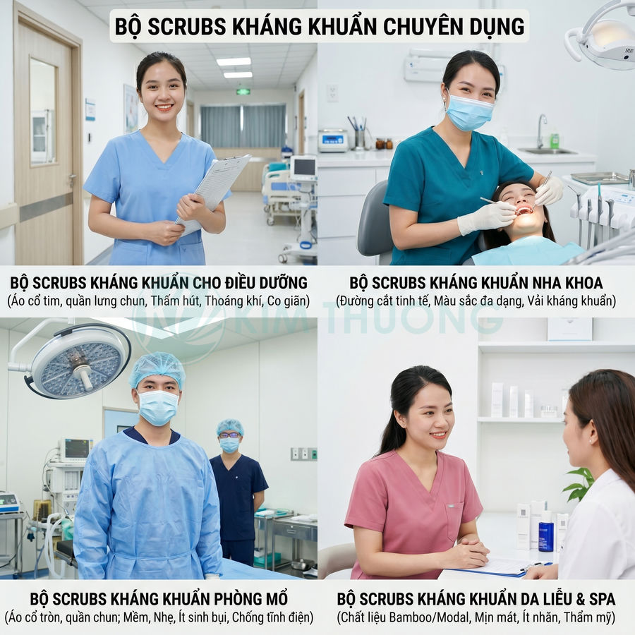 Các mẫu đồng phục scrubs kháng khuẩn cho điều dưỡng, nha khoa, phòng mổ, da liễu và spa trong bệnh viện