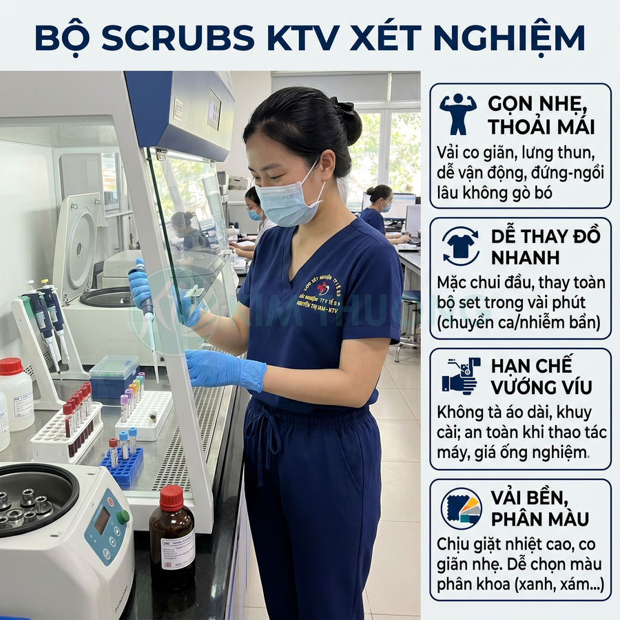 Bộ scrubs KTV xét nghiệm màu xanh navy cho kỹ thuật viên phòng lab, chất liệu co giãn thoải mái khi làm việc