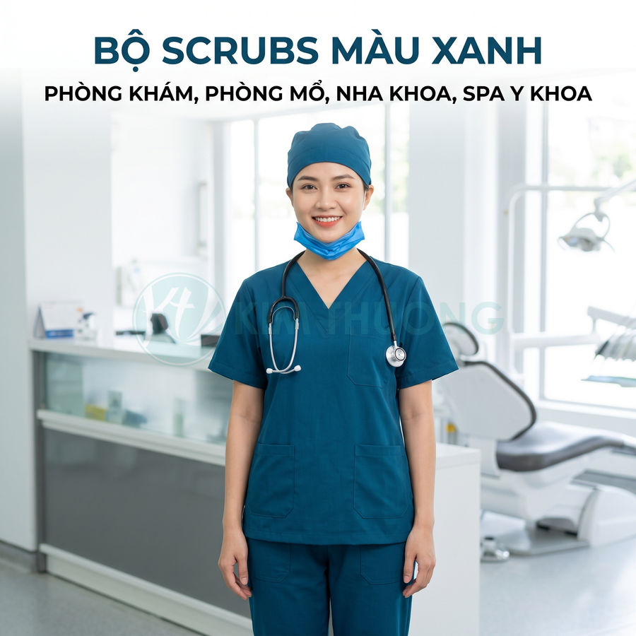 Bộ đồ scrubs màu xanh cho nhân viên y tế, kèm mũ và khẩu trang, phù hợp phòng khám và phòng mổ