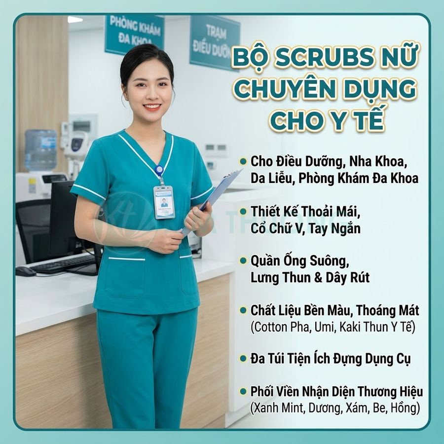 Nữ điều dưỡng mặc bộ scrubs y tế màu xanh cổ V tay ngắn quần ống suông đứng trong phòng khám