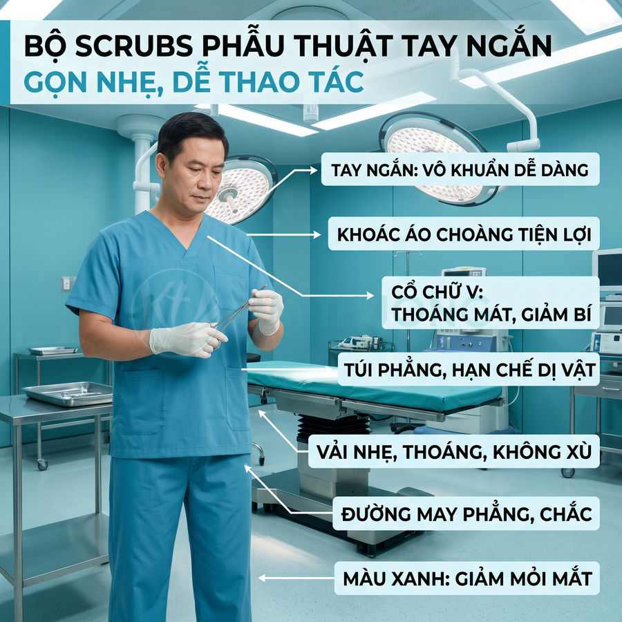 Bộ đồ scrubs phẫu thuật tay ngắn màu xanh cho bác sĩ trong phòng mổ, vải nhẹ thoáng, cổ chữ V, nhiều túi tiện dụng