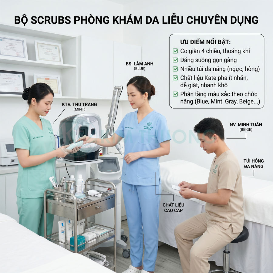 Bộ đồng phục scrubs phòng khám da liễu cao cấp nhiều màu cho bác sĩ và kỹ thuật viên