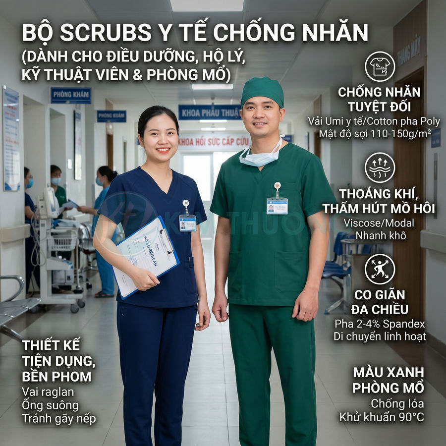 Bộ đồ scrubs y tế chống nhăn màu xanh cho điều dưỡng và bác sĩ đứng trong hành lang bệnh viện