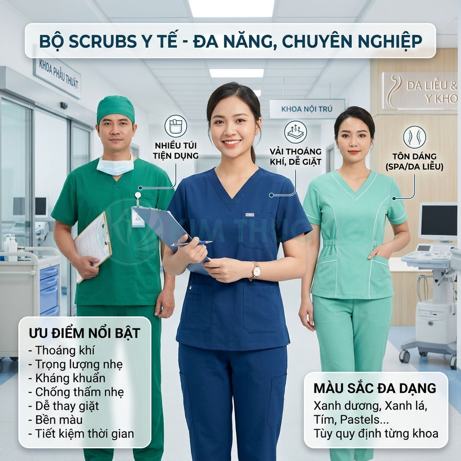 Bộ đồ scrubs y tế đa năng cho bác sĩ và y tá với nhiều màu sắc, vải thoáng khí, nhiều túi tiện dụng trong bệnh viện