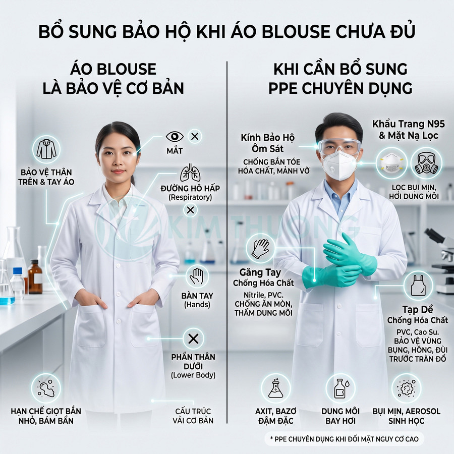 Nhân viên phòng thí nghiệm mặc áo blouse trắng, đeo kính bảo hộ, khẩu trang N95 và găng tay chống hóa chất