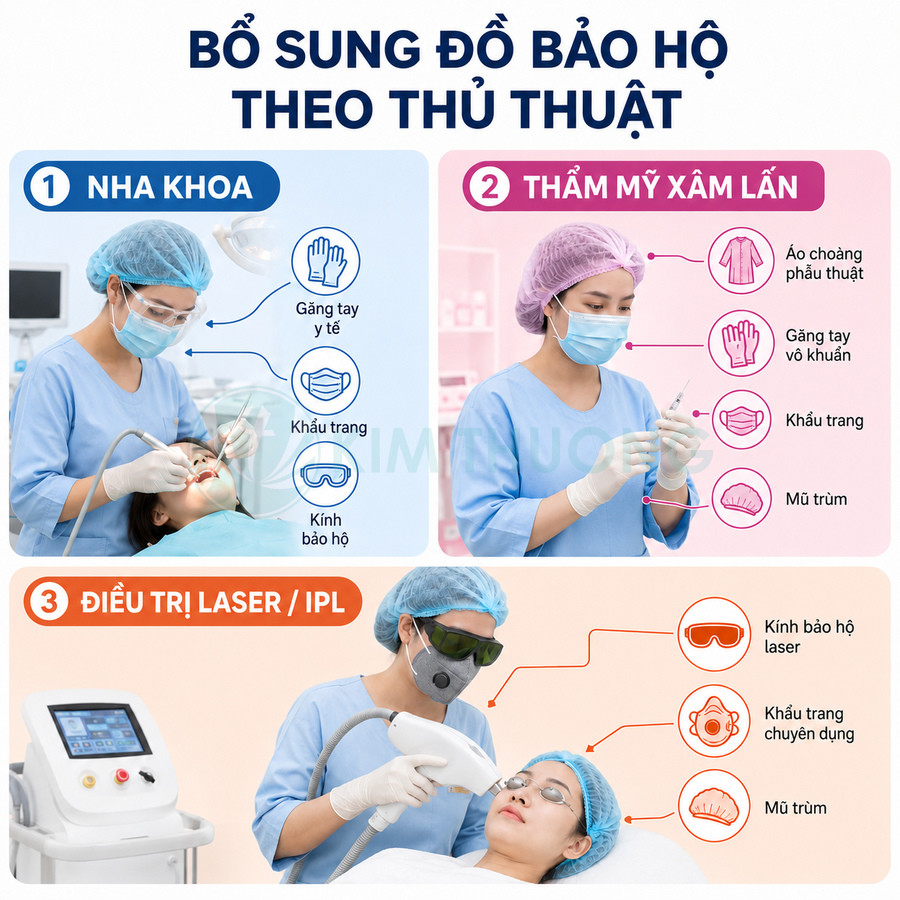 Bác sĩ nha khoa và thẩm mỹ sử dụng găng tay, khẩu trang, kính bảo hộ và máy laser khi điều trị cho bệnh nhân