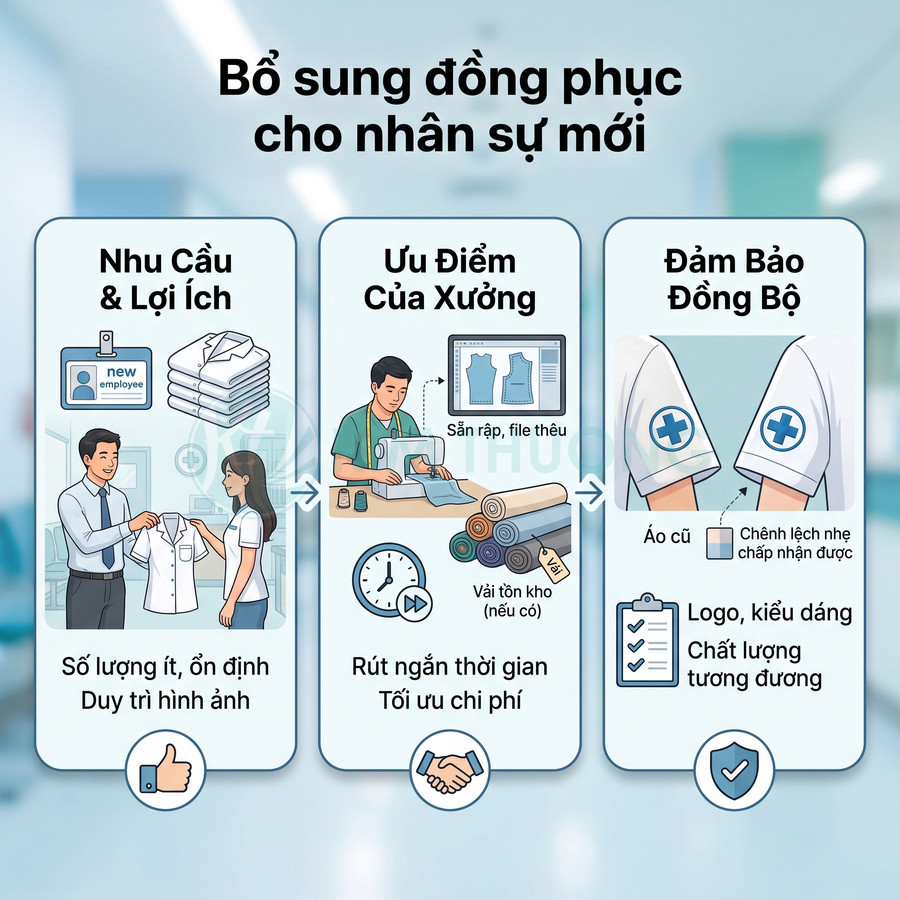 Bổ sung áo đồng phục cho nhân sự mới, may thêm tại xưởng để đồng bộ kiểu dáng và chất lượng