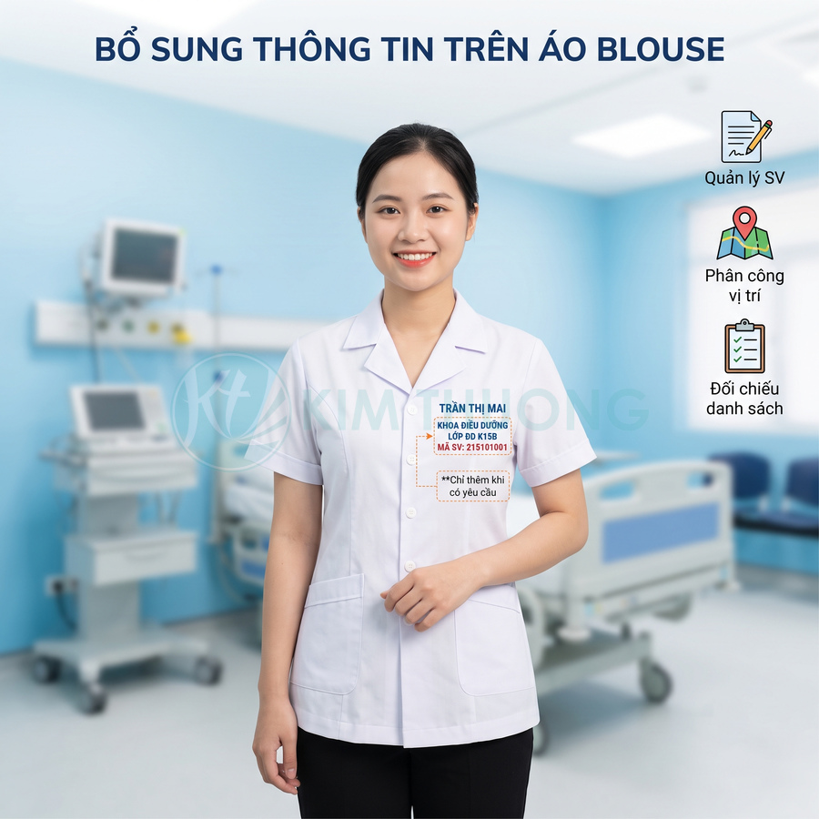 Nữ sinh viên y khoa mặc áo blouse trắng có in thông tin họ tên và mã số sinh viên trước ngực