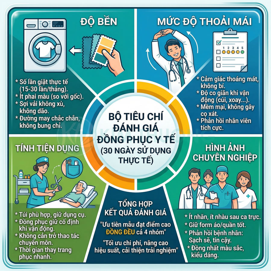 Infographic bộ tiêu chí đánh giá chất lượng và tiện ích đồng phục y tế sau 30 ngày sử dụng