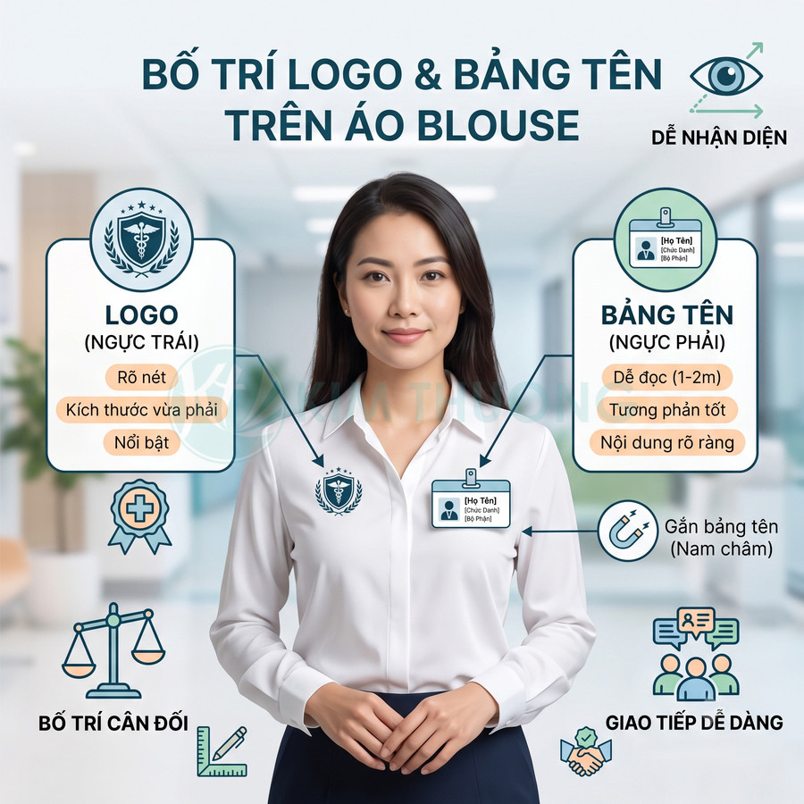 Hướng dẫn bố trí logo ngực trái và bảng tên ngực phải trên áo blouse trắng cho nhân viên văn phòng