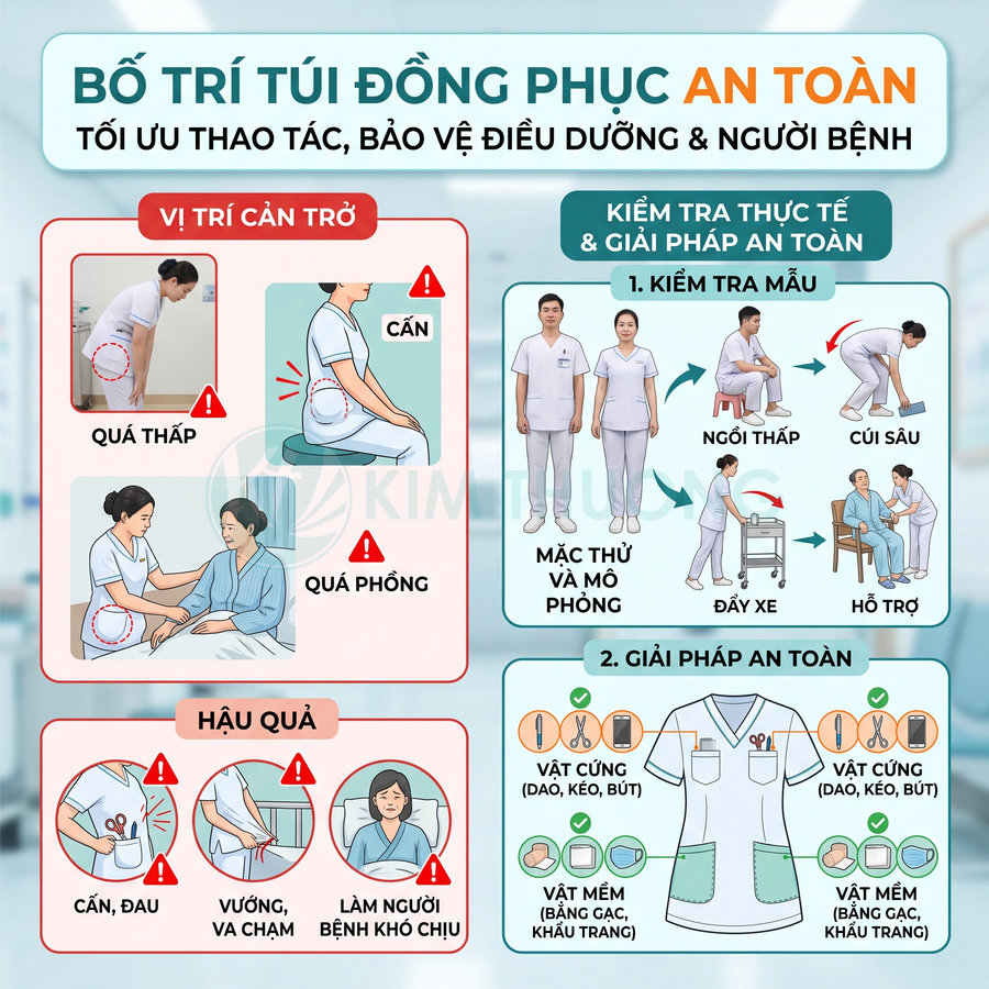 Hướng dẫn bố trí túi áo đồng phục y tá an toàn, tránh vật cứng gây cấn đau và bảo vệ điều dưỡng, người bệnh