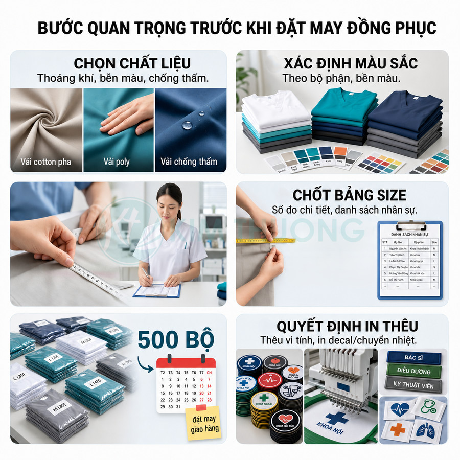 Các bước quan trọng trước khi đặt may đồng phục với chọn vải, màu sắc, size, số lượng và kiểu in thêu