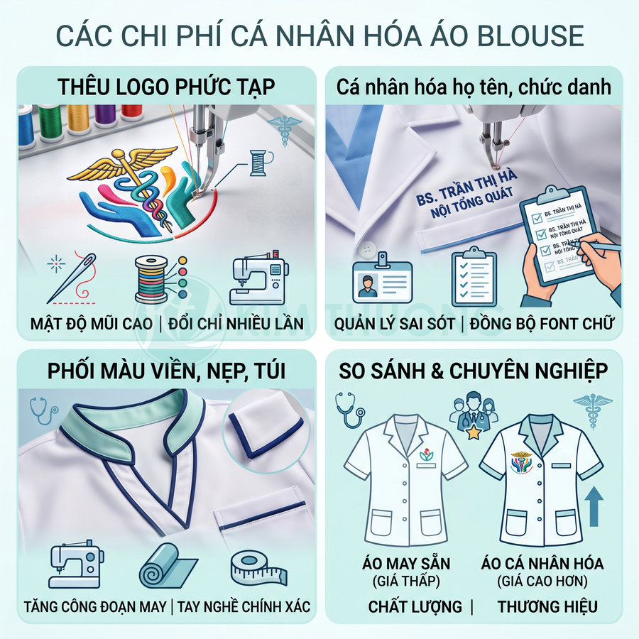 Infographic chi phí cá nhân hóa áo blouse y tế với thêu logo, tên chức danh và phối màu viền nẹp túi