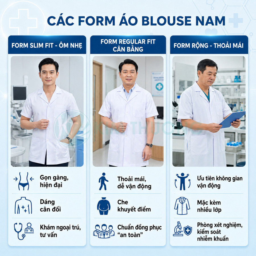 Các form áo blouse nam trắng cho bác sĩ gồm slim fit, regular fit và form rộng thoải mái trong bệnh viện