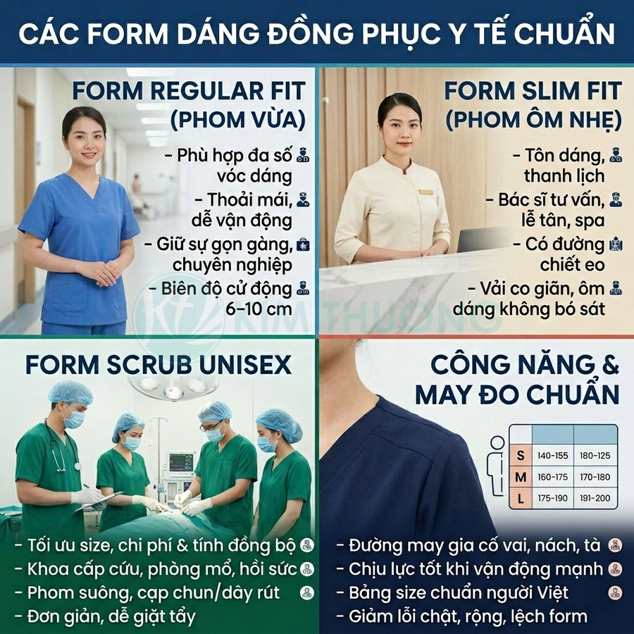 Các form đồng phục y tế chuẩn gồm regular fit, slim fit, scrub unisex và bảng size may đo cho nhân viên y tế