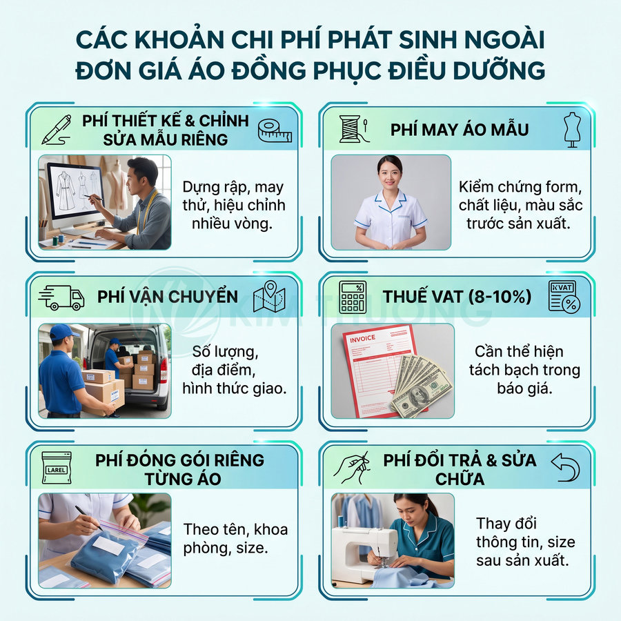 Các khoản chi phí phát sinh ngoài đơn giá áo đồng phục điều dưỡng như thiết kế, may mẫu, vận chuyển, đóng gói, sửa chữa