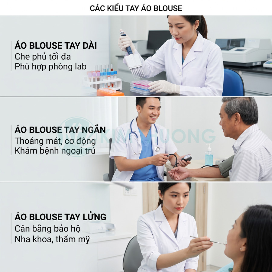 Các kiểu áo blouse tay dài tay ngắn tay lửng cho bác sĩ và nhân viên y tế trong phòng khám và phòng lab