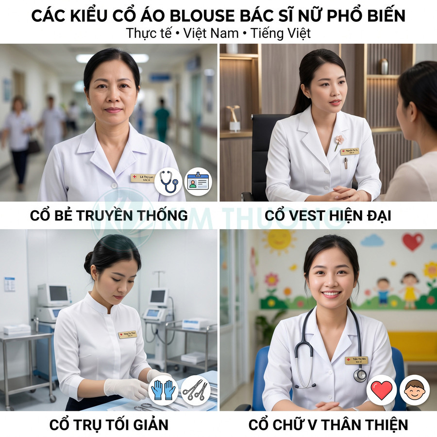 Các kiểu cổ áo blouse bác sĩ nữ: cổ bẻ truyền thống, cổ vest, cổ trụ tối giản và cổ chữ V thân thiện