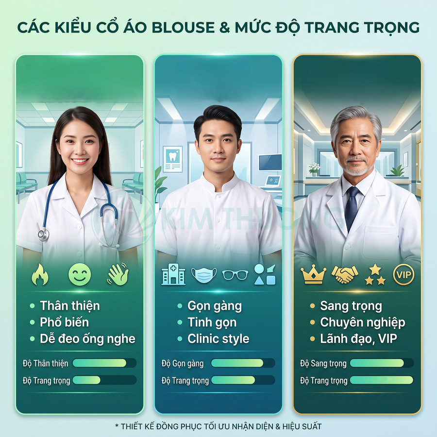 Các kiểu cổ áo blouse y tế cho bác sĩ trẻ và bác sĩ lớn tuổi với mức độ trang trọng khác nhau