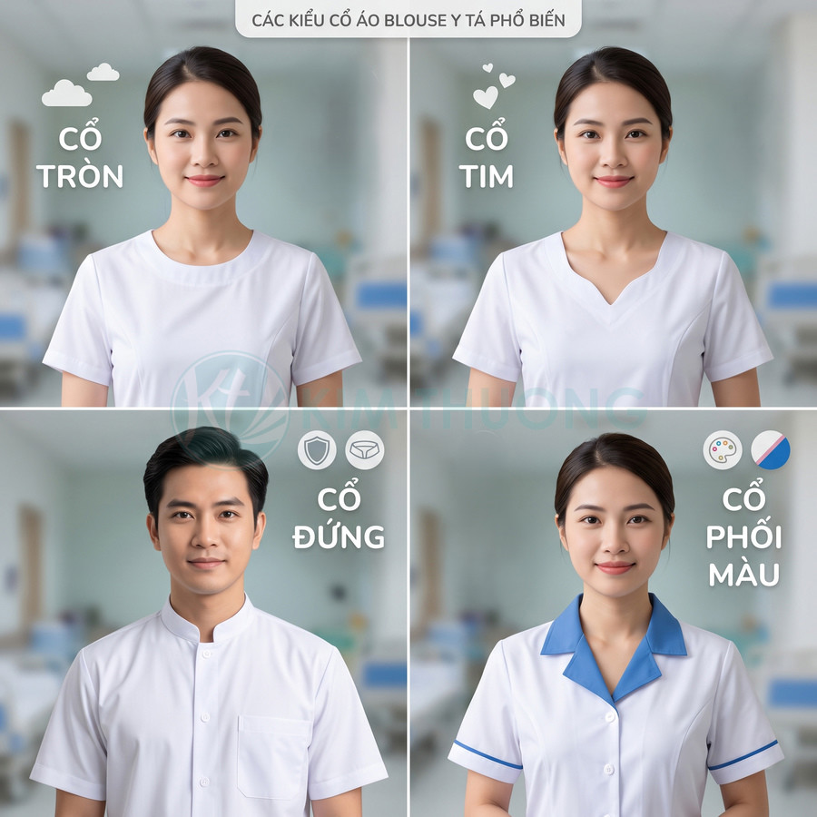 Các kiểu cổ áo blouse y tá trắng phổ biến gồm cổ tròn, cổ tim, cổ đứng và cổ phối màu xanh