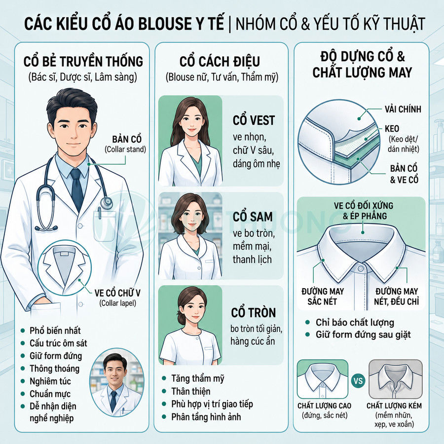 Các kiểu cổ áo blouse y tế cho bác sĩ và điều dưỡng, minh họa cổ truyền thống, cổ vest, cổ sam, cổ tròn và cấu tạo cổ