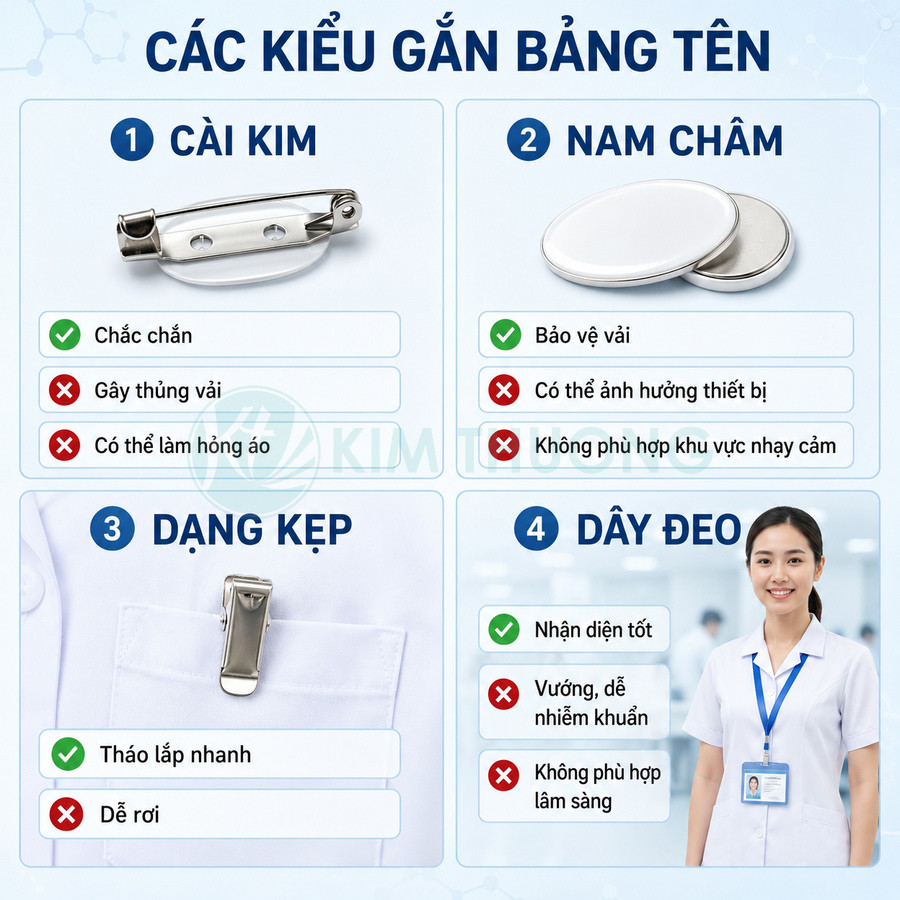 Các kiểu gắn bảng tên nhân viên y tế gồm cài kim, nam châm, dạng kẹp và dây đeo kèm ưu nhược điểm