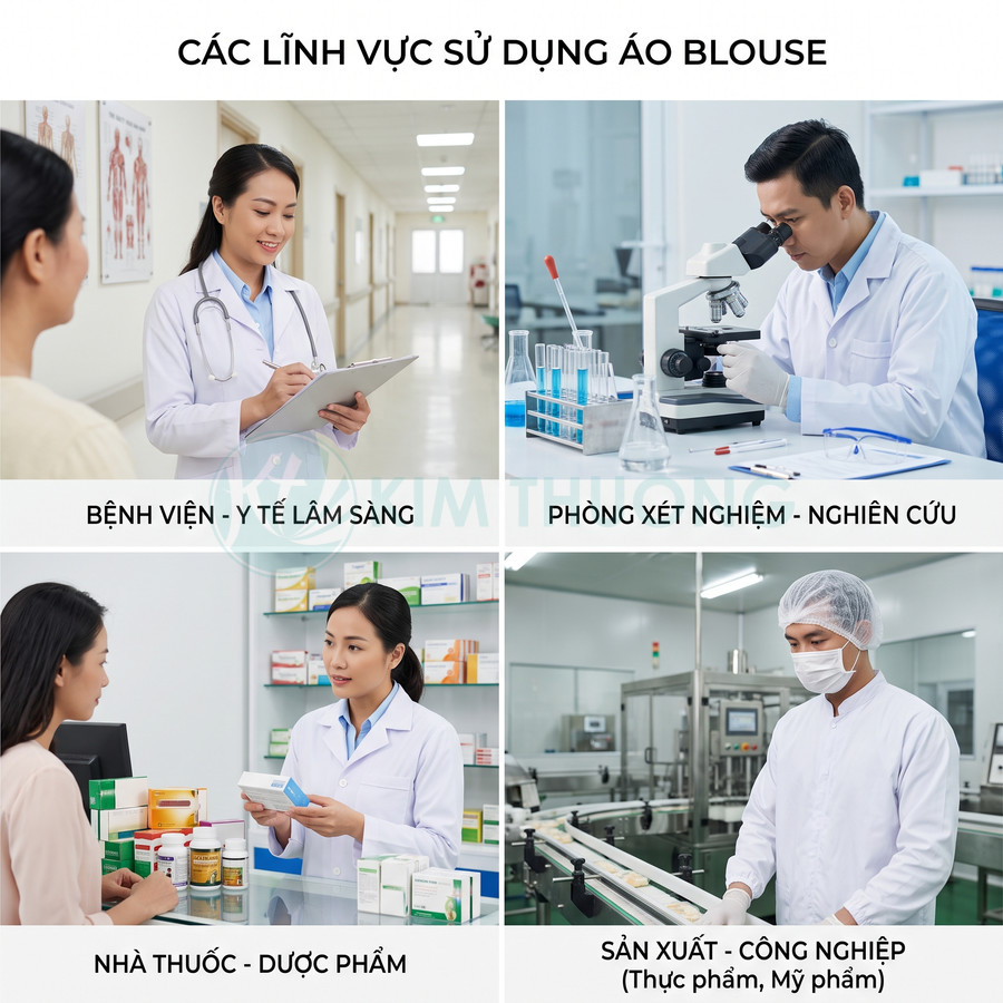 Các lĩnh vực sử dụng áo blouse trắng trong bệnh viện, phòng xét nghiệm, nhà thuốc và nhà máy sản xuất
