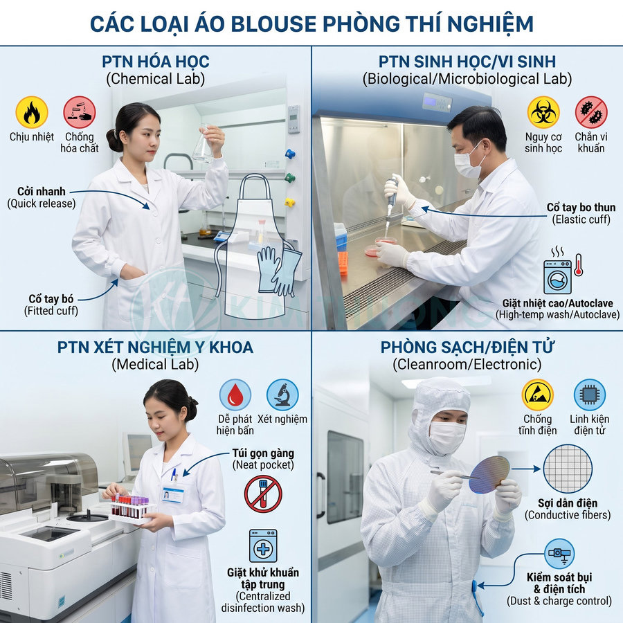 Bốn loại áo blouse phòng thí nghiệm cho hóa học, vi sinh, xét nghiệm y khoa và phòng sạch điện tử, với đặc điểm riêng biệt.