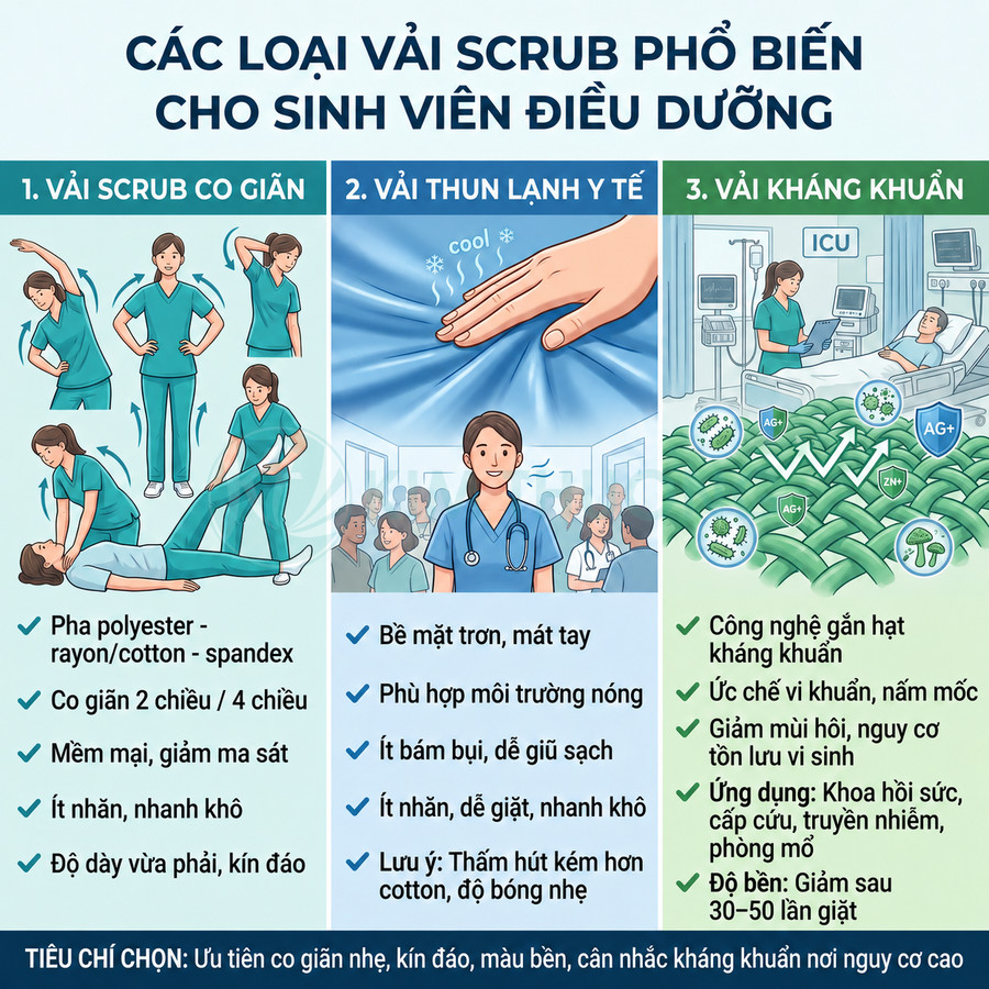 Các loại vải scrub y tế cho sinh viên điều dưỡng gồm vải co giãn, vải thun lạnh và vải kháng khuẩn