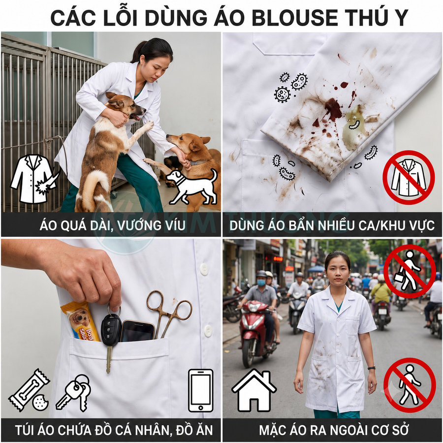 Các lỗi sử dụng áo blouse thú y như áo quá dài, áo bẩn, nhét đồ cá nhân và mặc áo ra ngoài cơ sở