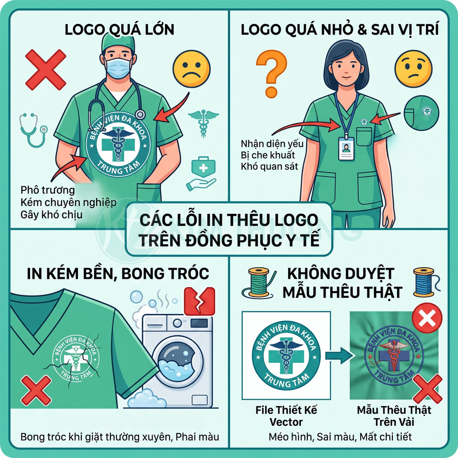 Các lỗi in thêu logo trên đồng phục y tế minh họa kích thước, vị trí và độ bền logo bệnh viện