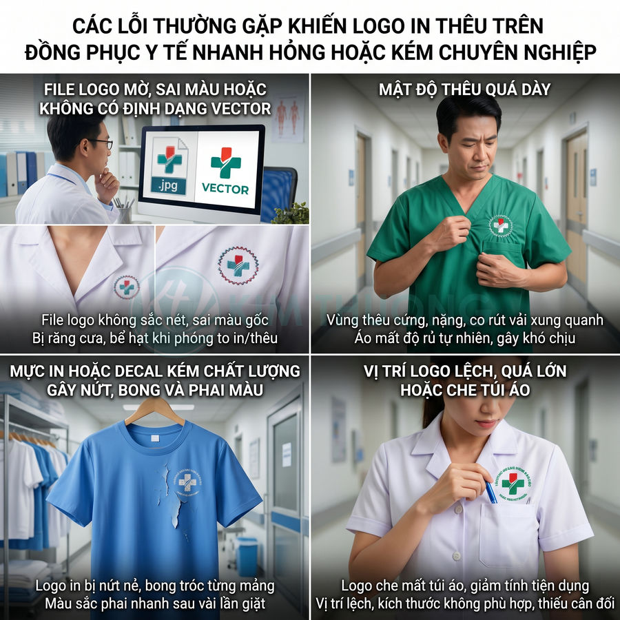 Các lỗi thường gặp khi in thêu logo trên đồng phục y tế như sai file, mực kém chất lượng, mật độ dày và vị trí lệch
