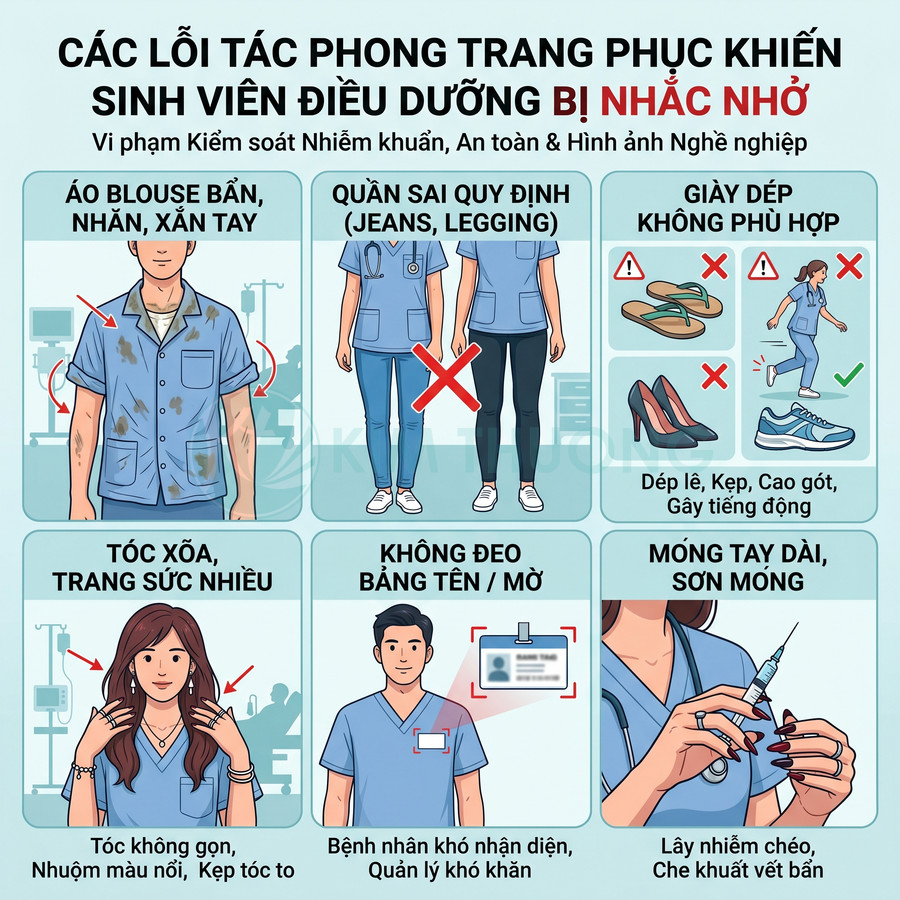 Các lỗi trang phục sinh viên điều dưỡng như áo blouse bẩn, quần sai quy định, giày dép không phù hợp, tóc xõa và móng tay dài