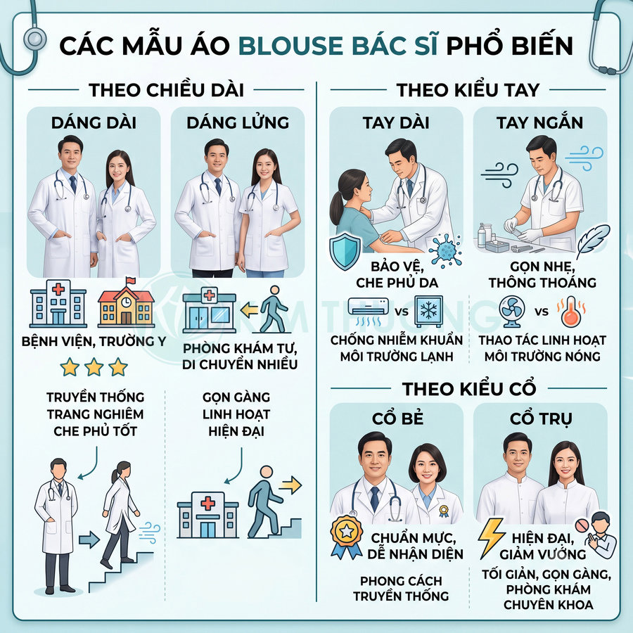 Các mẫu áo blouse bác sĩ dáng dài, dáng lửng tay dài tay ngắn cổ bẻ cổ trụ cho bệnh viện và phòng khám