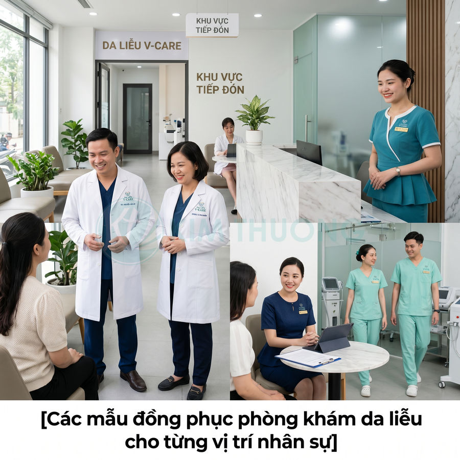 Đồng phục nhân viên phòng khám da liễu V-Care gồm bác sĩ áo blouse trắng và lễ tân, điều dưỡng chuyên nghiệp