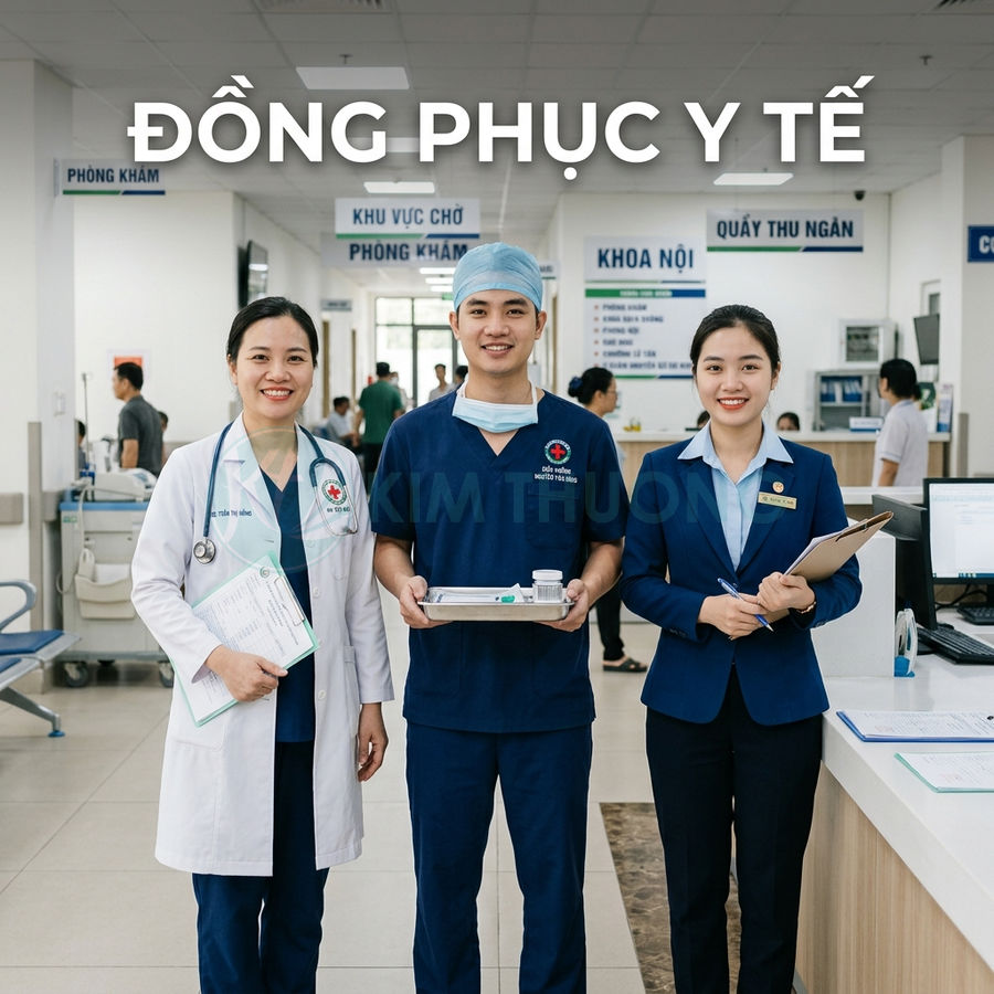 Nhân viên bệnh viện mặc đồng phục y tế gồm áo blouse, đồ phẫu thuật và vest lễ tân trong sảnh khám chữa bệnh