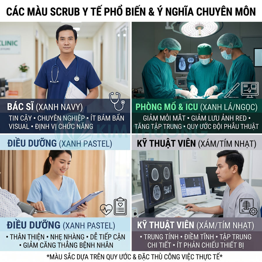 Các màu áo scrub y tế cho bác sĩ, điều dưỡng, kỹ thuật viên và phẫu thuật viên cùng ý nghĩa chuyên môn