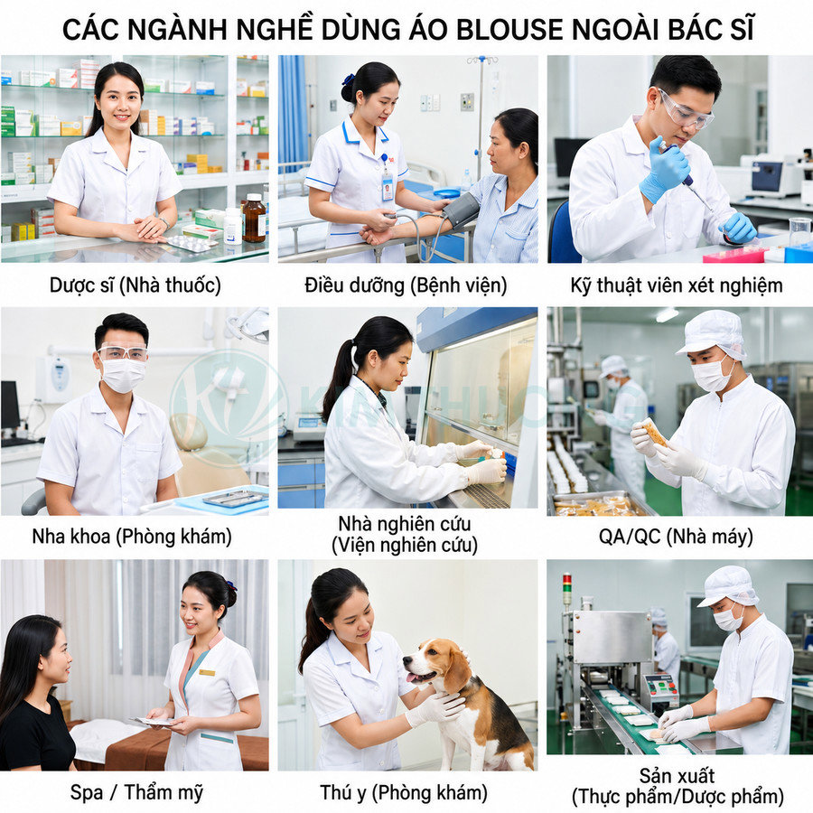Các ngành nghề sử dụng áo blouse trắng như dược sĩ điều dưỡng kỹ thuật viên xét nghiệm nha khoa thú y và sản xuất