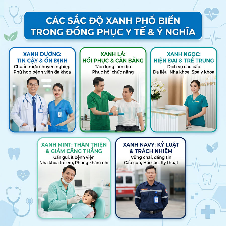 Các mẫu đồng phục y tế màu xanh khác nhau cho bác sĩ, y tá, nha sĩ và nhân viên cấp cứu