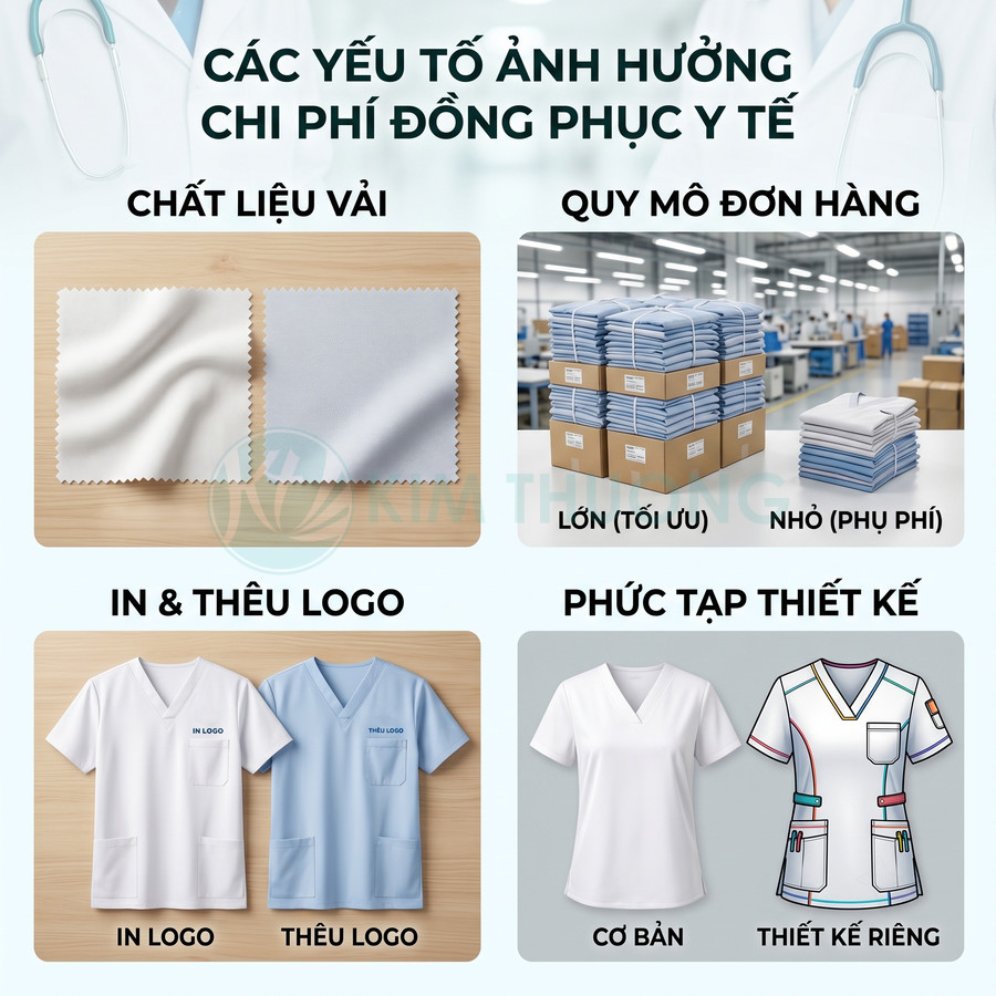 Các yếu tố ảnh hưởng chi phí đồng phục y tế như chất liệu vải, quy mô đơn hàng, in thêu logo và độ phức tạp thiết kế