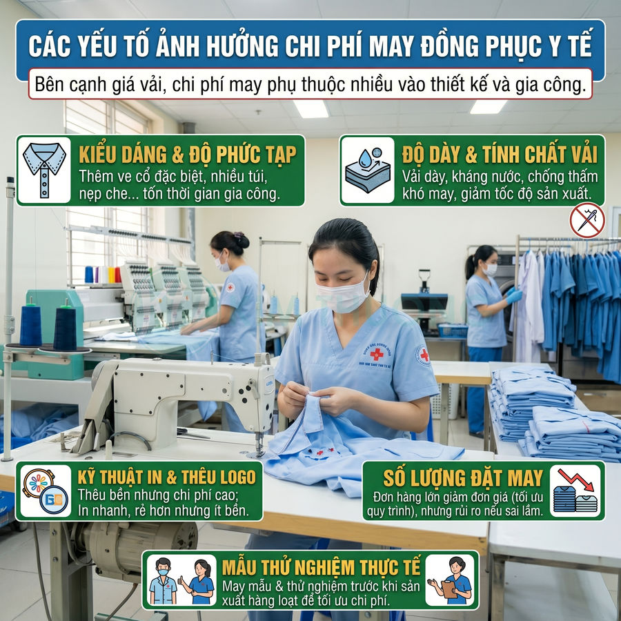 Nhân viên may mặc đang may đồng phục y tế màu xanh tại xưởng sản xuất chuyên nghiệp