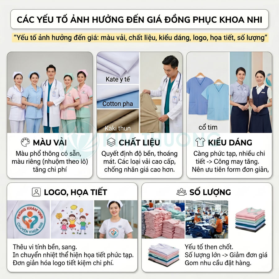 Các yếu tố ảnh hưởng giá đồng phục y tá khoa nhi gồm màu vải, chất liệu, kiểu dáng, logo và số lượng