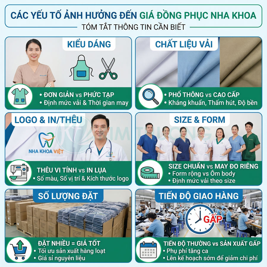 Các yếu tố ảnh hưởng giá đồng phục nha khoa như kiểu dáng, chất liệu, logo, size, số lượng, tiến độ