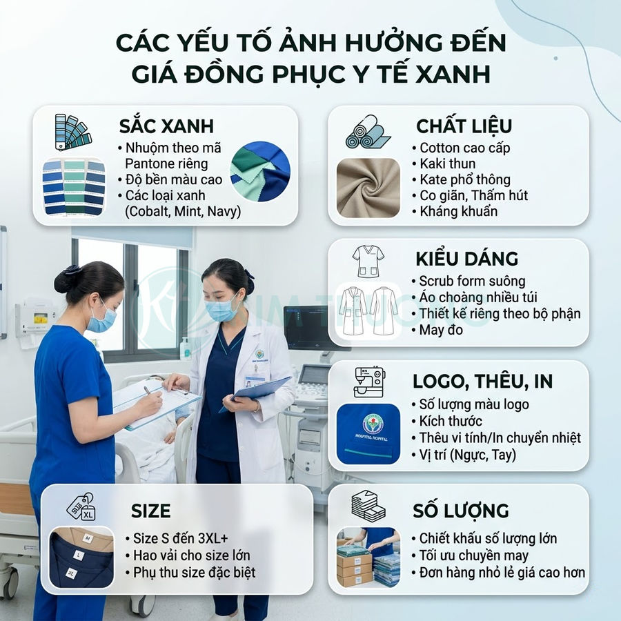 Các yếu tố ảnh hưởng đến giá đồng phục y tế xanh kèm hình ảnh bác sĩ y tá mặc đồ scrub trong bệnh viện