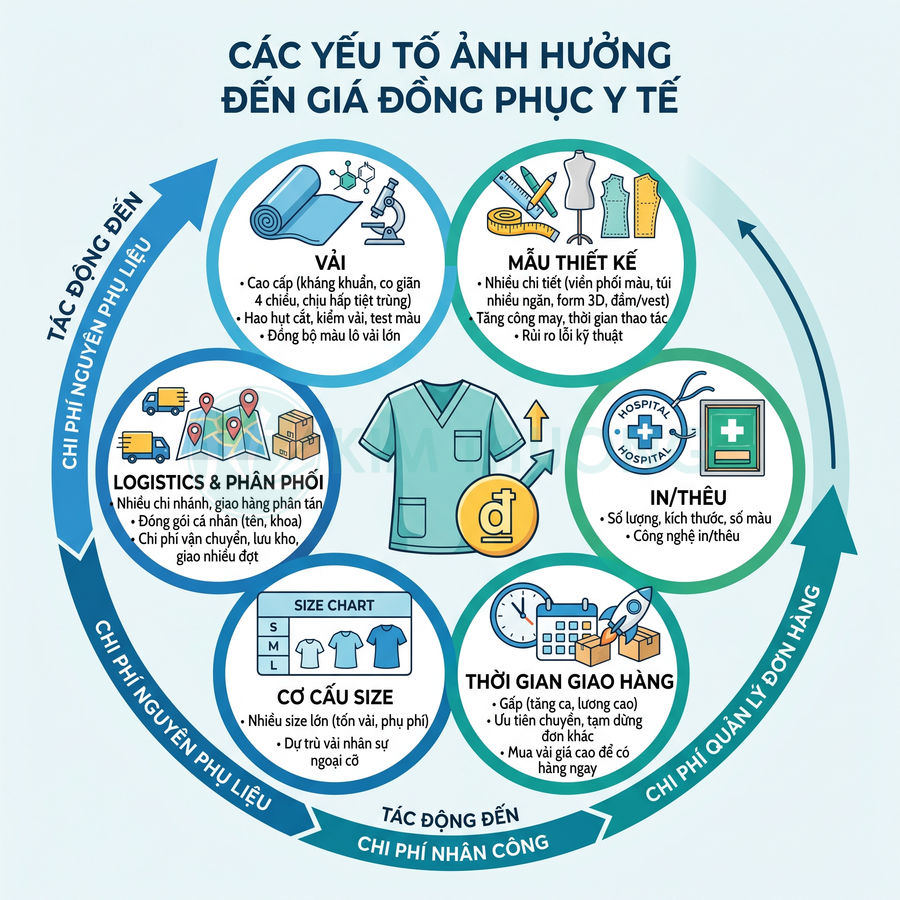 Infographic các yếu tố ảnh hưởng đến giá đồng phục y tế như vải, mẫu thiết kế, in thêu, size và logistics