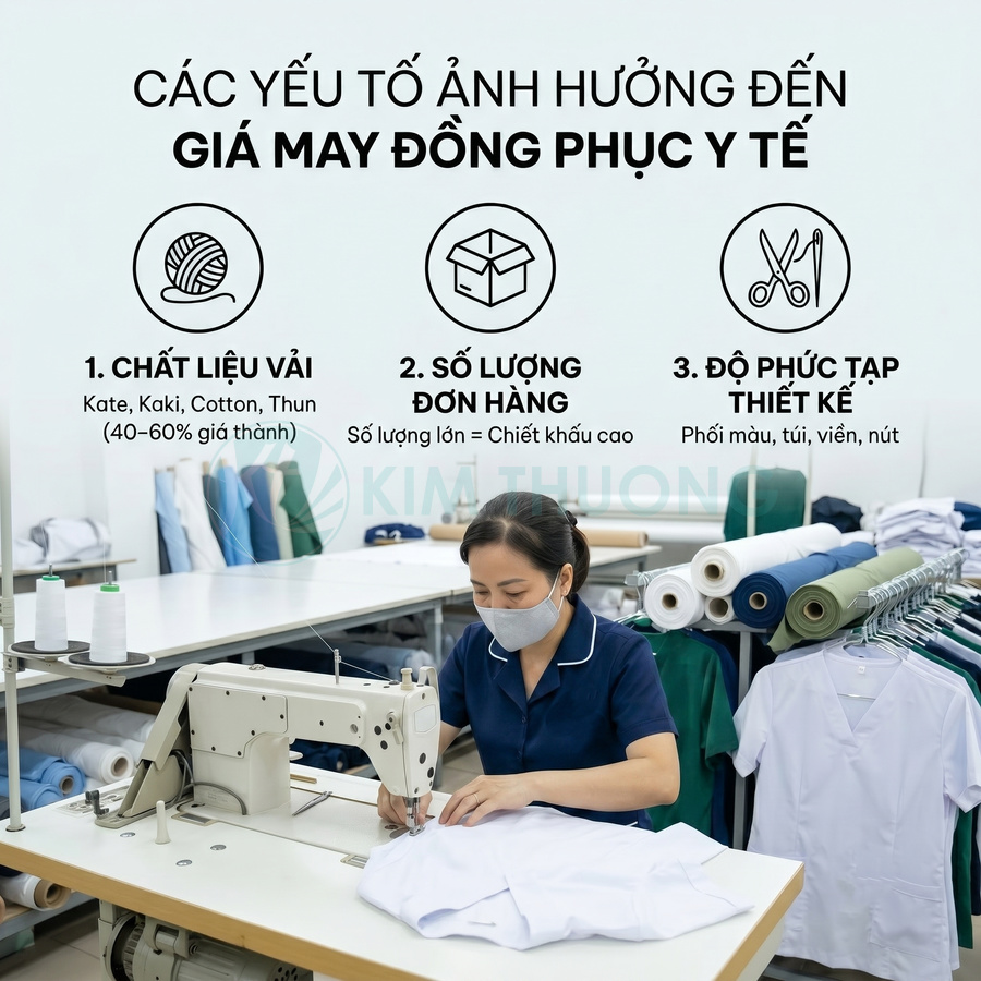 Nhân viên may đồng phục y tế trên máy công nghiệp, xung quanh là vải cuộn và áo blouse trắng treo trên giá