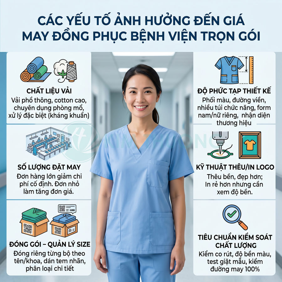 Nữ y tá mặc đồng phục bệnh viện màu xanh dương đứng giữa hành lang, xung quanh là thông tin về may đồng phục trọn gói