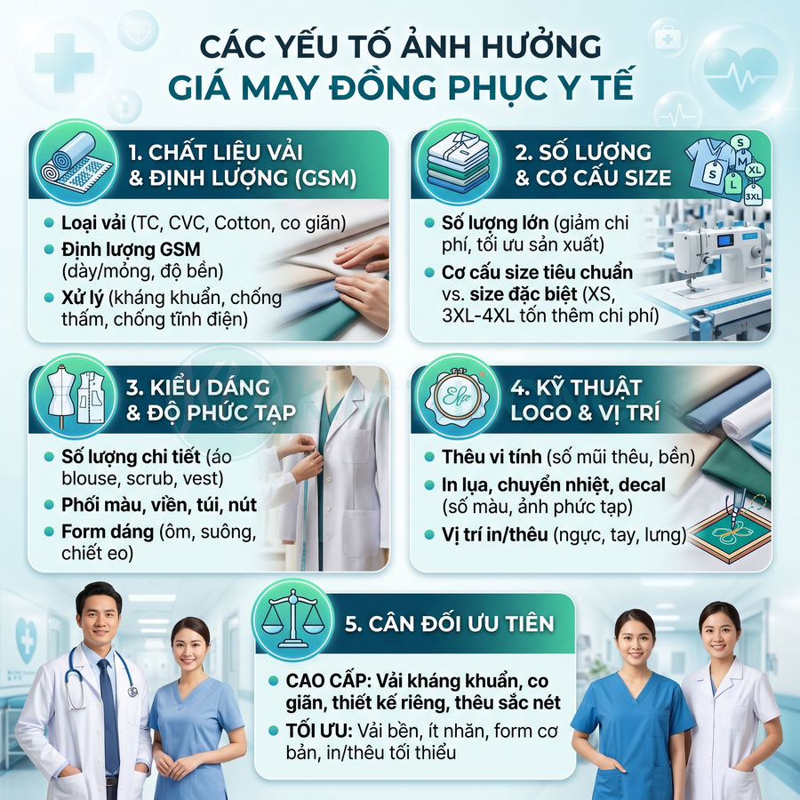 Các yếu tố ảnh hưởng giá may đồng phục y tế với hình ảnh bác sĩ và điều dưỡng mặc áo blouse, scrub